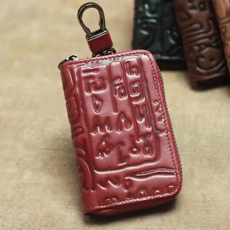 Handcrafted Vintage Leather Key Pouch - Unisex Cowhide Car Key Holder with Embossed Design