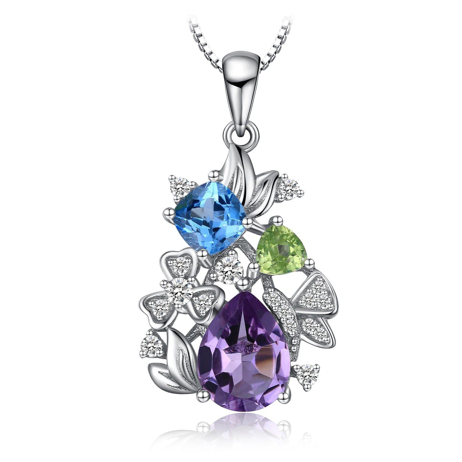 Floral Gemstone Pendant: Natural Amethyst, Blue Topaz, Peridot & Chrome Diopside in 925 Sterling Silver