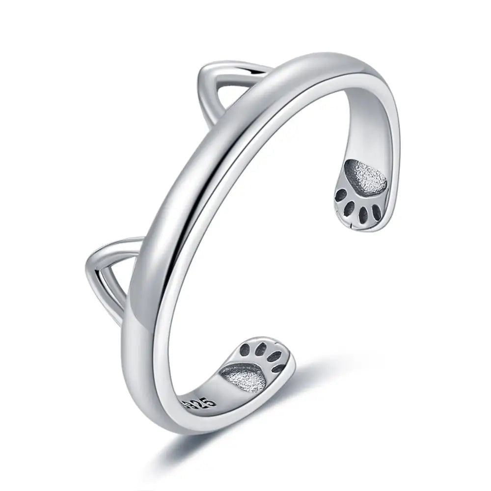 Adorable Cat Ear and Paw Adjustable 925 Sterling Silver Ring