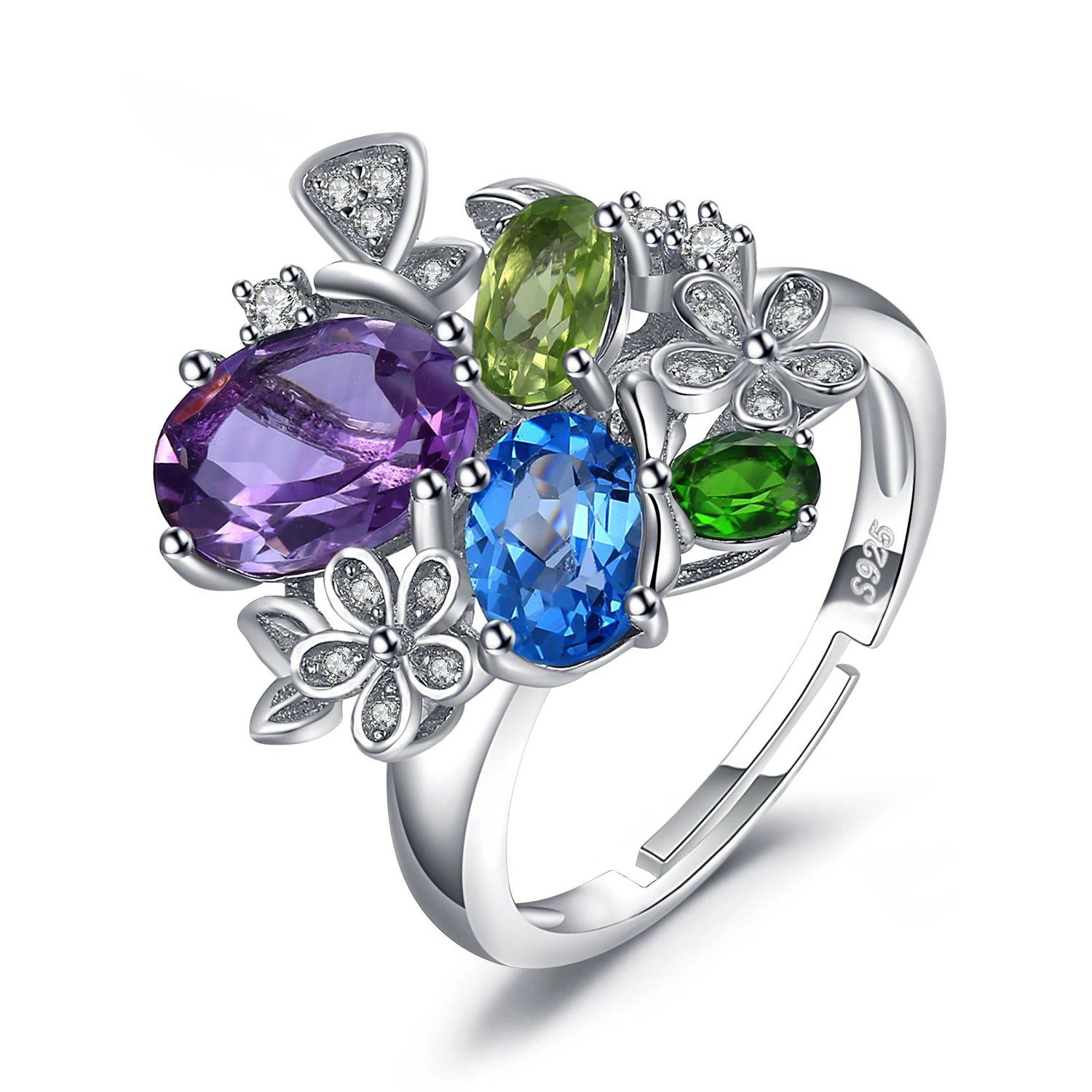 Floral Gemstone Cocktail Ring in 925 Sterling Silver with Amethyst, Blue Topaz, Peridot, and Chrome Diopside