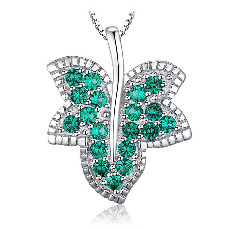 Elegant Leaf Design Simulated Emerald 925 Sterling Silver Pendant Choker - No Chain Included