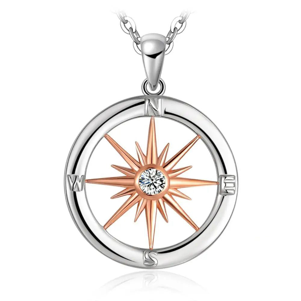 Rose Gold Compass Circle Pendant in 925 Sterling Silver with Cubic Zirconia