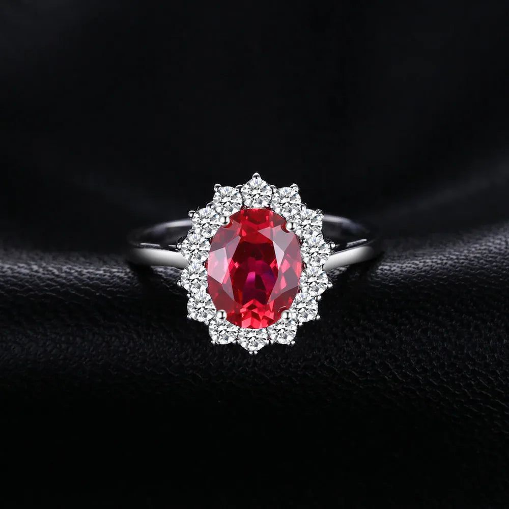 Sophisticated 2.6ct Created Ruby Halo Ring in 925 Sterling Silver Inspired by Princess Diana