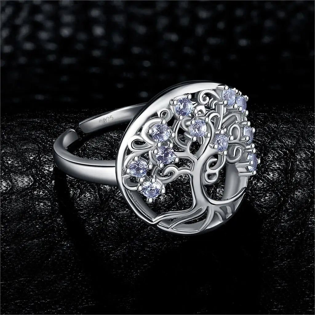 Tree of Life Adjustable Blue Spinel Silver Ring - Sophisticated Gemstone Statement Jewelry