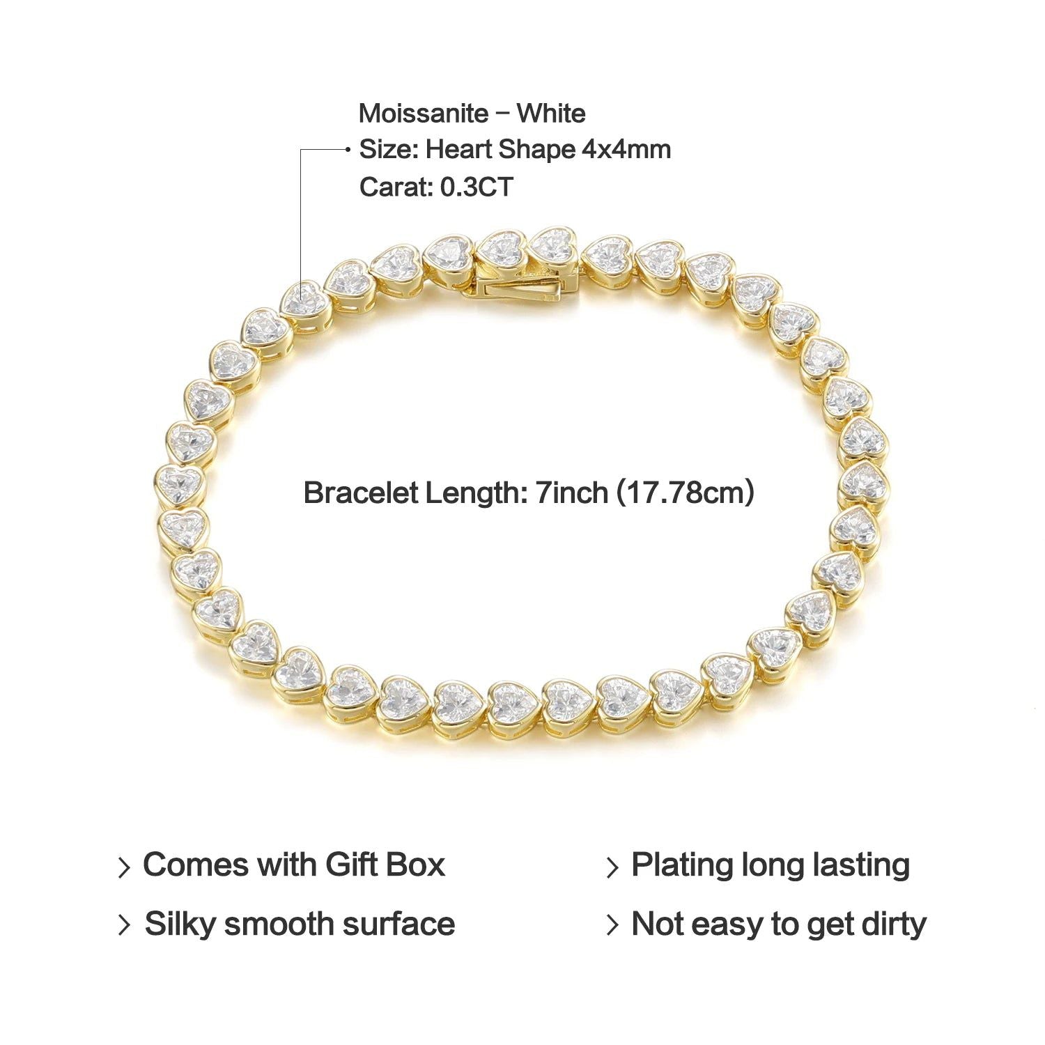 Heart Shape Moissanite Tennis Bracelet 925 Silver Gold Stackable