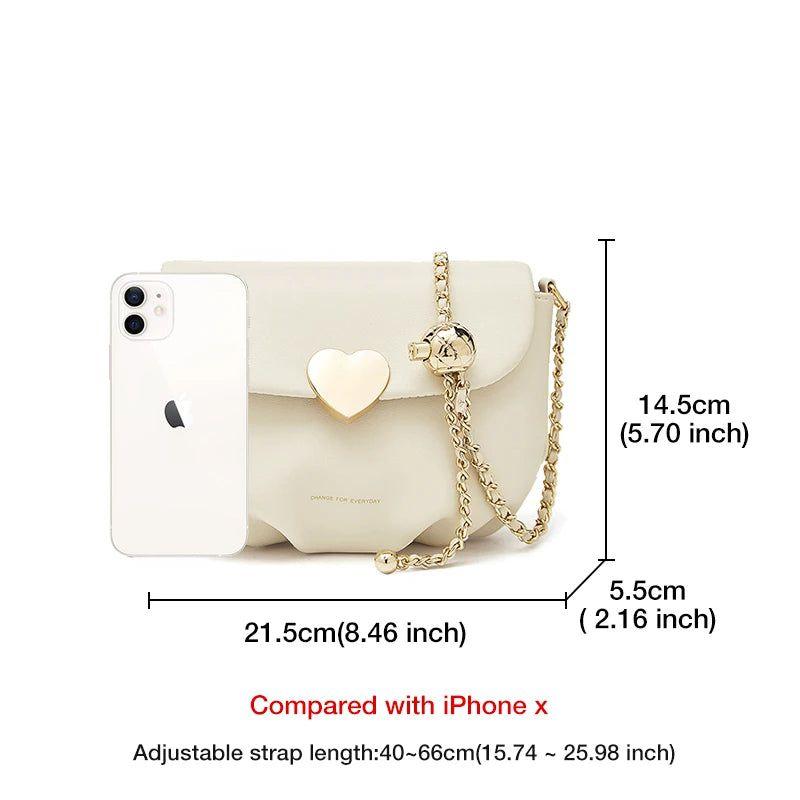 Heart-Shaped Adjustable Chain Crossbody Bag for Women by Foxer - Fashionable Split Leather Messenger with Secure Closure