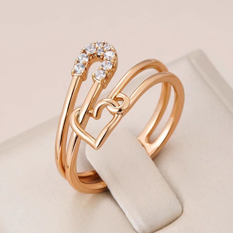 Heart-Shaped Geometric Rose Gold Ring with Natural Zircon Accents by New