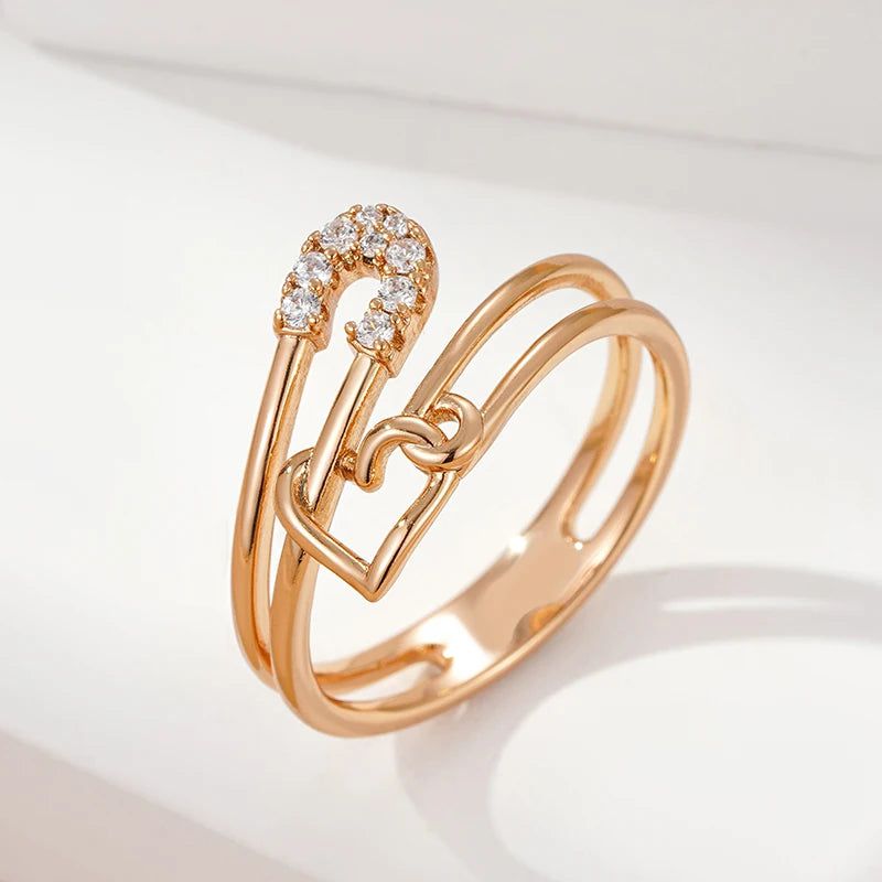 Heart-Shaped Geometric Rose Gold Ring with Natural Zircon Accents by New