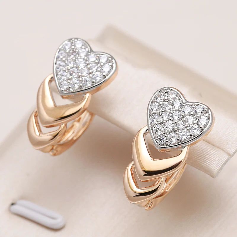 Heart-Shaped Micro-Wax Inlay Natural Zircon Drop Earrings in 585 Rose Gold - Elegant Fashion Jewelry