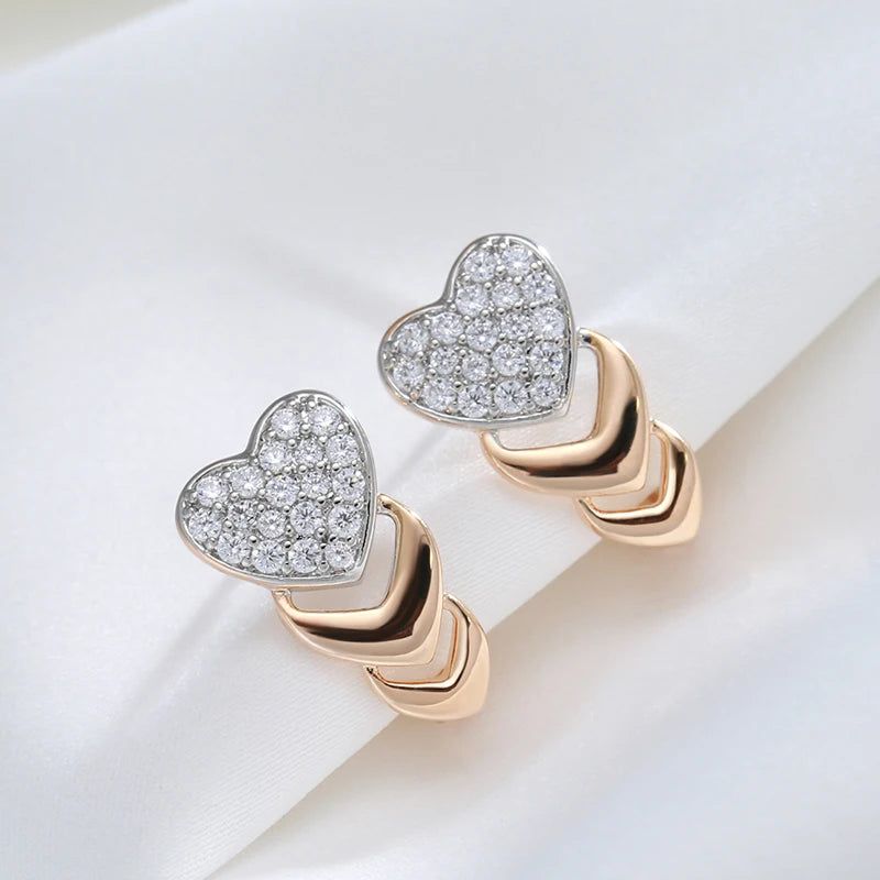 Heart-Shaped Micro-Wax Inlay Natural Zircon Drop Earrings in 585 Rose Gold - Elegant Fashion Jewelry