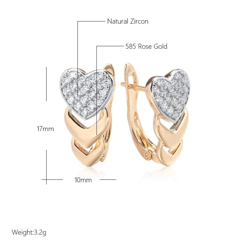 Heart-Shaped Micro-Wax Inlay Natural Zircon Drop Earrings in 585 Rose Gold - Elegant Fashion Jewelry