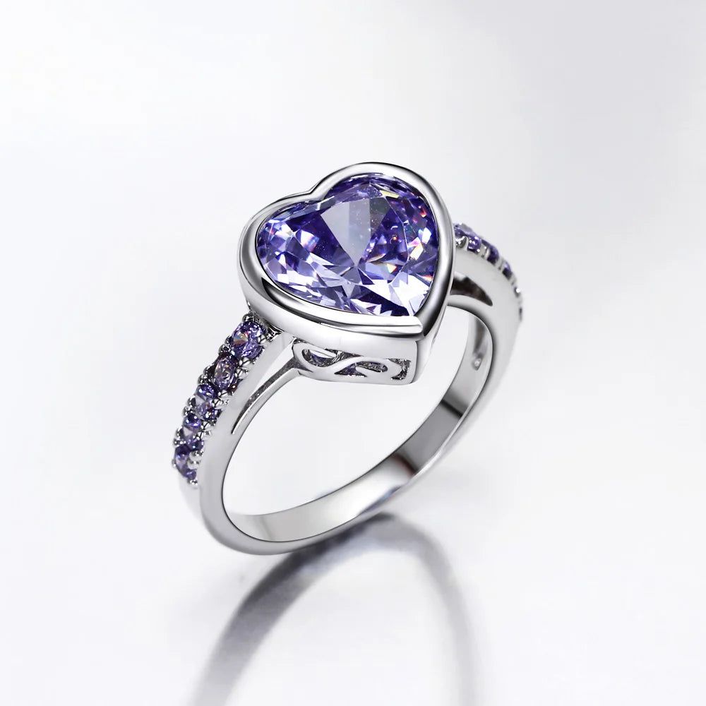 Heart-Shaped Purple Zirconia Rings for Lovers