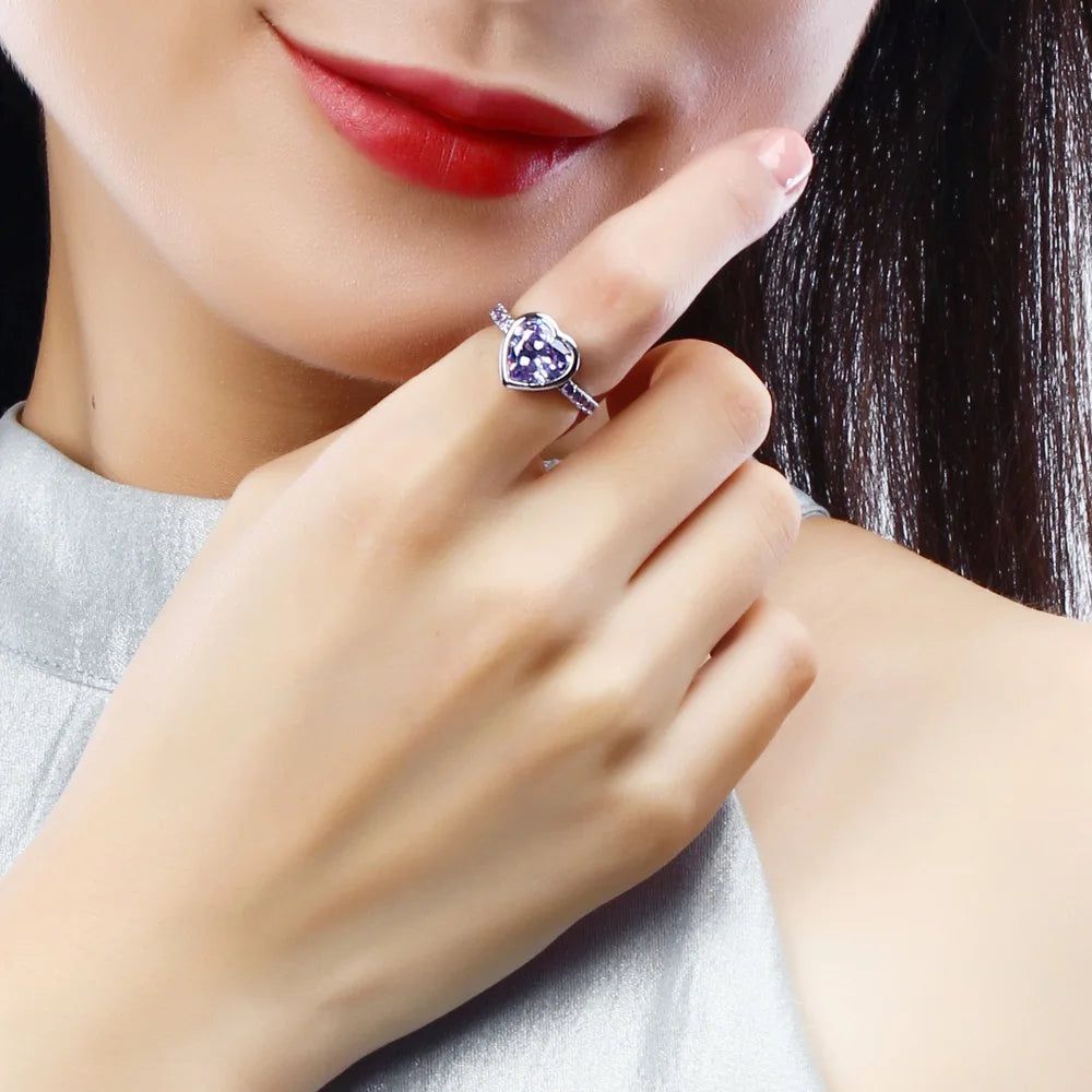 Heart-Shaped Purple Zirconia Rings for Lovers