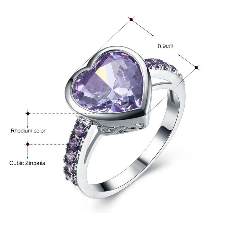 Heart-Shaped Purple Zirconia Rings for Lovers