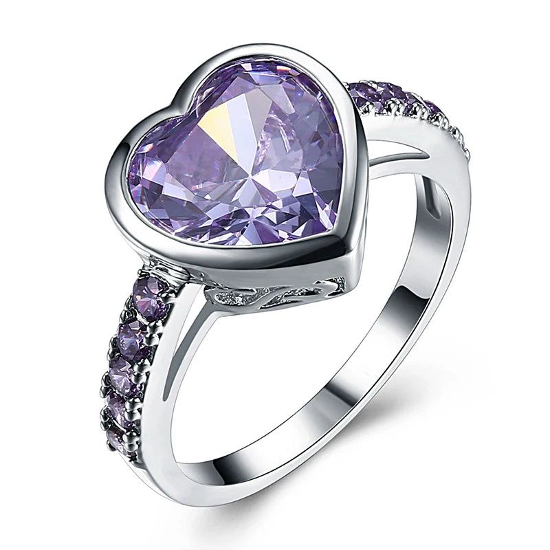 Heart-Shaped Purple Zirconia Rings for Lovers