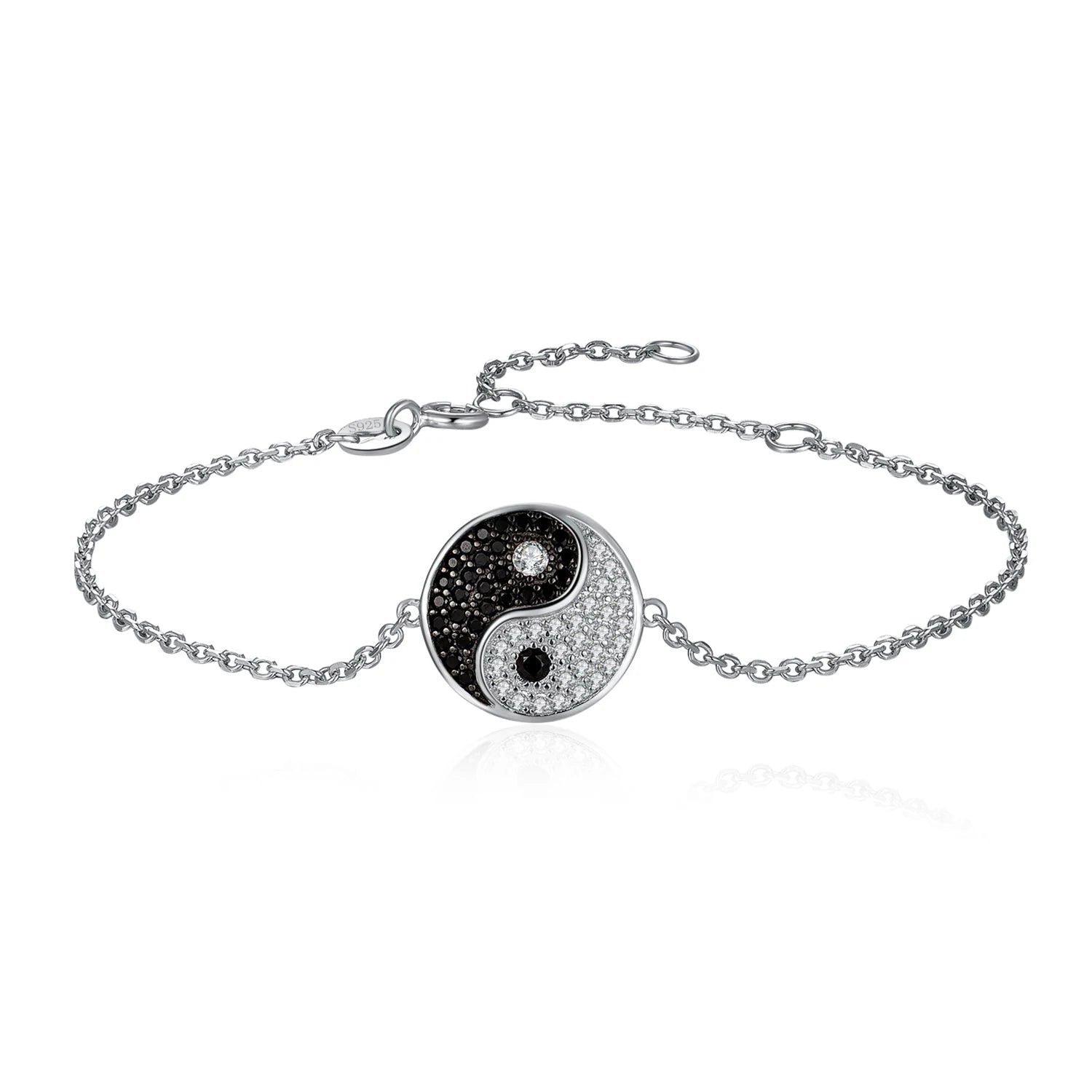 Yin Yang Elegance: 925 Sterling Silver Chain Link Bracelet with Natural Black Spinel Gemstone