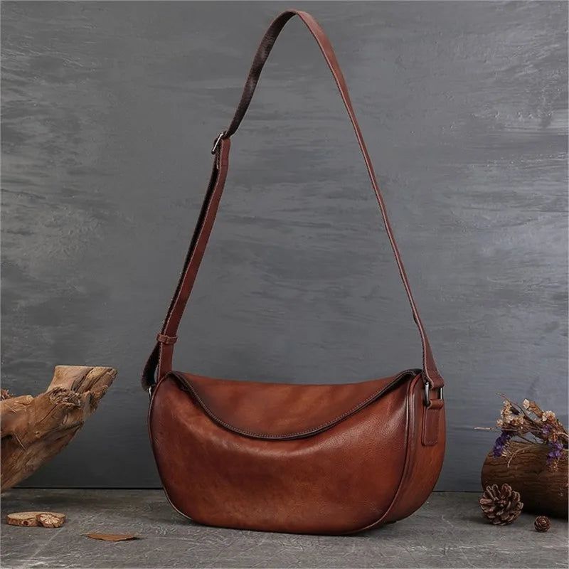 High-End Handmade Genuine Leather Women's Crossbody Bag - Retro Large Capacity Shoulder Bag for Commuting