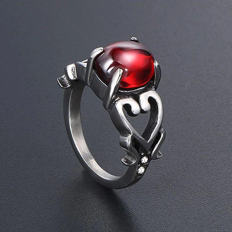 Hollow Heart Stainless Steel Cocktail Ring with Garnet Red and Blue Sandstone for Couples