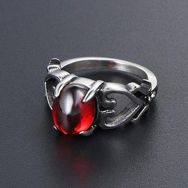 Hollow Heart Stainless Steel Cocktail Ring with Garnet Red and Blue Sandstone for Couples