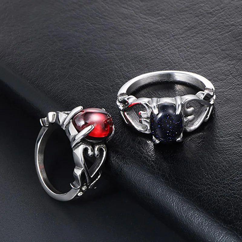 Hollow Heart Stainless Steel Cocktail Ring with Garnet Red and Blue Sandstone for Couples