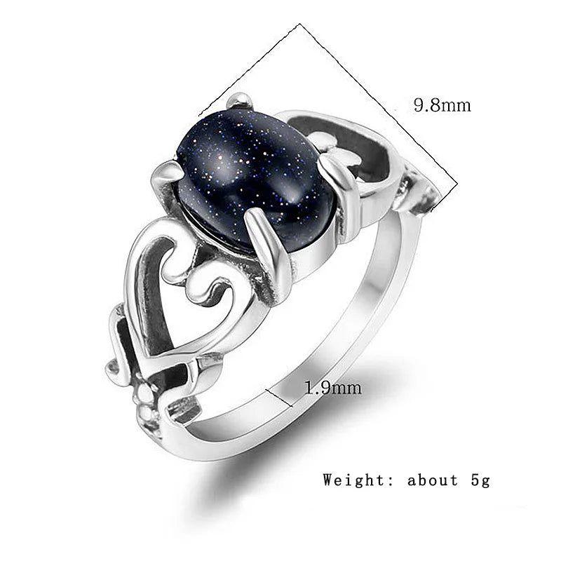 Hollow Heart Stainless Steel Cocktail Ring with Garnet Red and Blue Sandstone for Couples