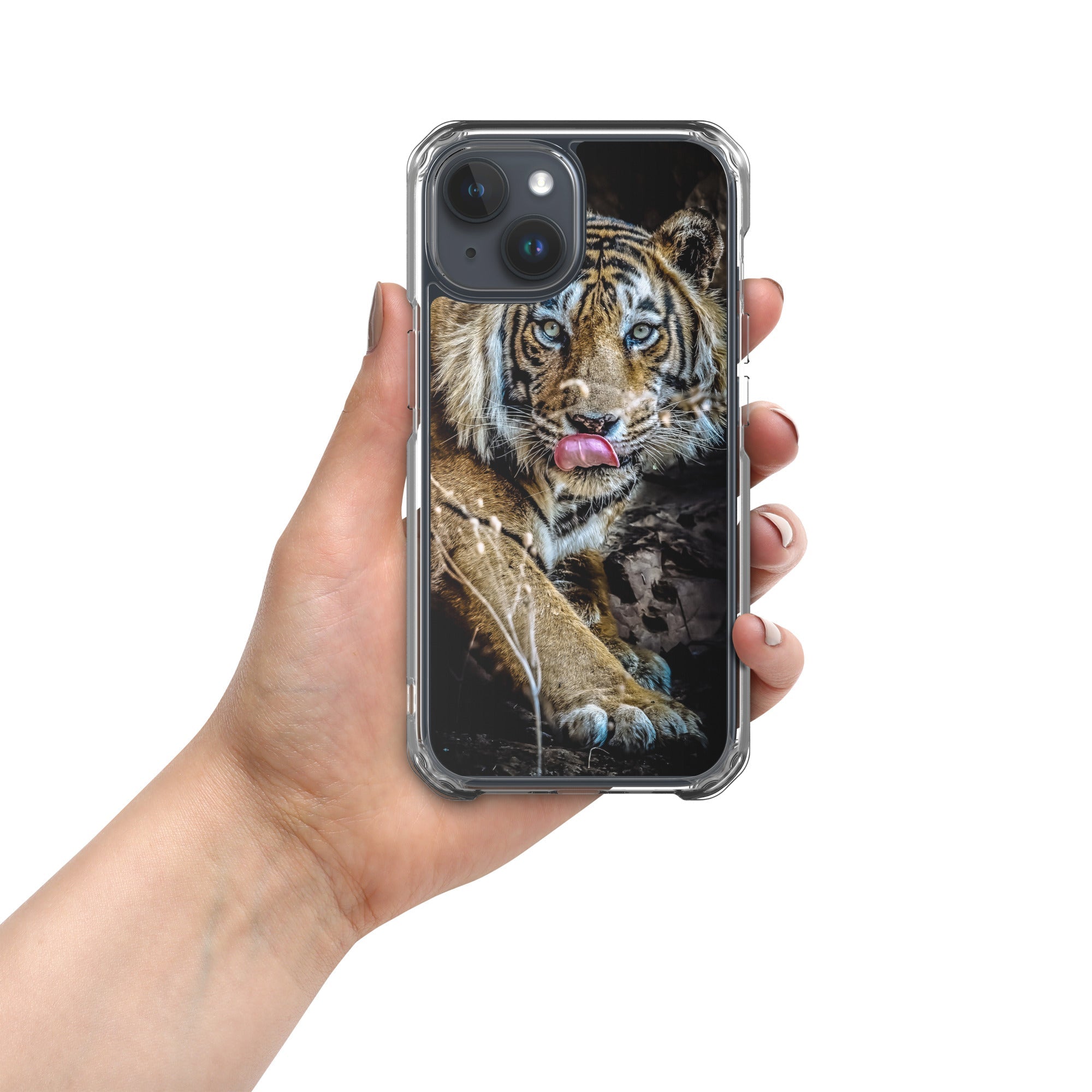 Induction charging-compatible clear case for iPhone® iPhone 15 Big Cat Art Design