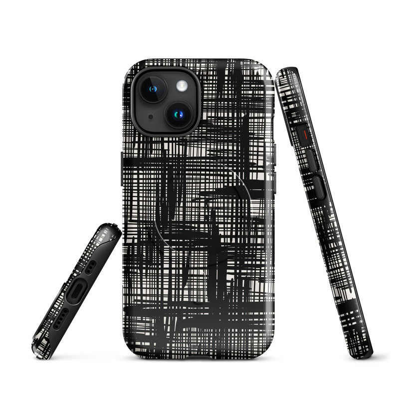 Induction charging-compatible tough case for iPhone® iPhone 15 Abstract Hand Drawn Grid Design