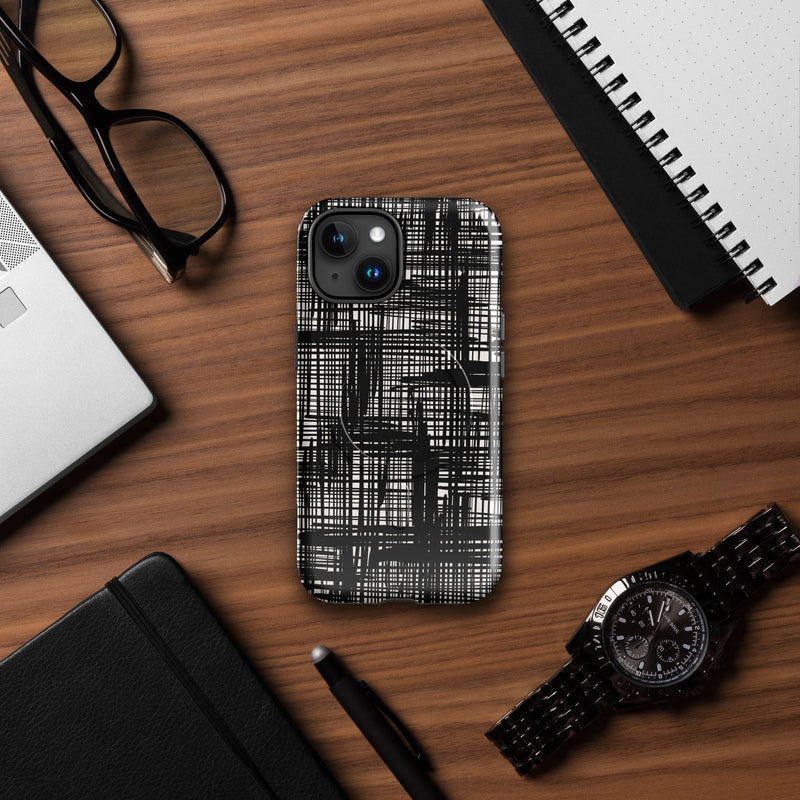 Induction charging-compatible tough case for iPhone® iPhone 15 Abstract Hand Drawn Grid Design