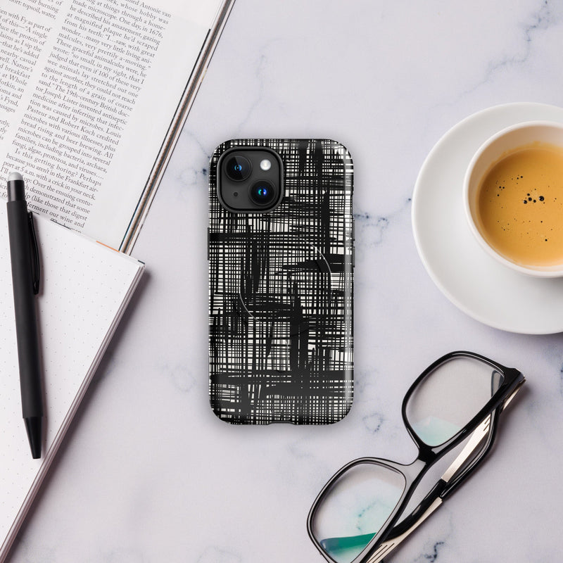 Induction charging-compatible tough case for iPhone® iPhone 15 Abstract Hand Drawn Grid Design