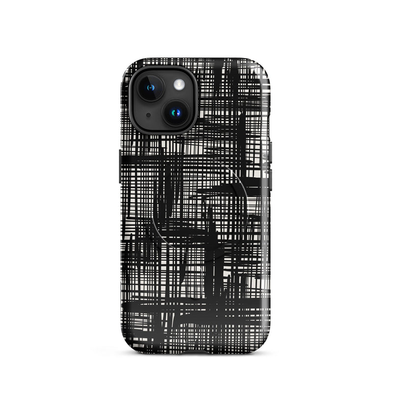 Induction charging-compatible tough case for iPhone® iPhone 15 Abstract Hand Drawn Grid Design