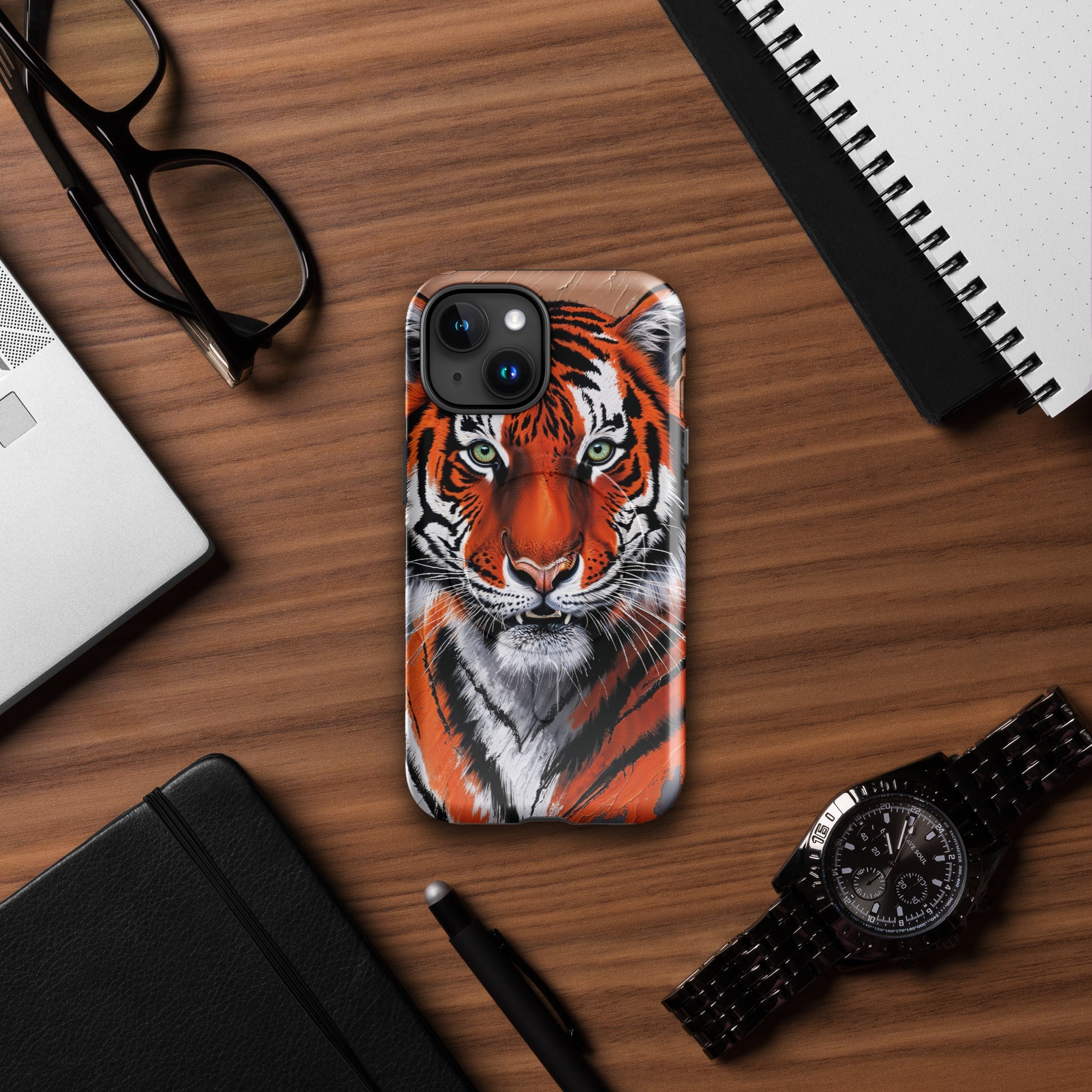 Induction charging-compatible tough case for iPhone® iPhone 15 Tiger Painting Design