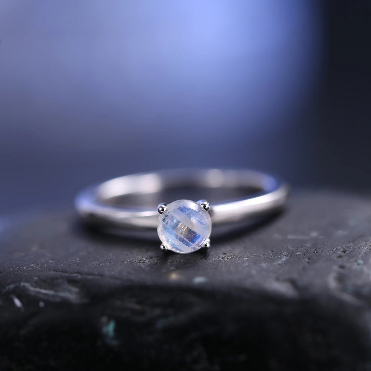 June Birthstone 5mm Natural Rainbow Moonstone Silver Ring