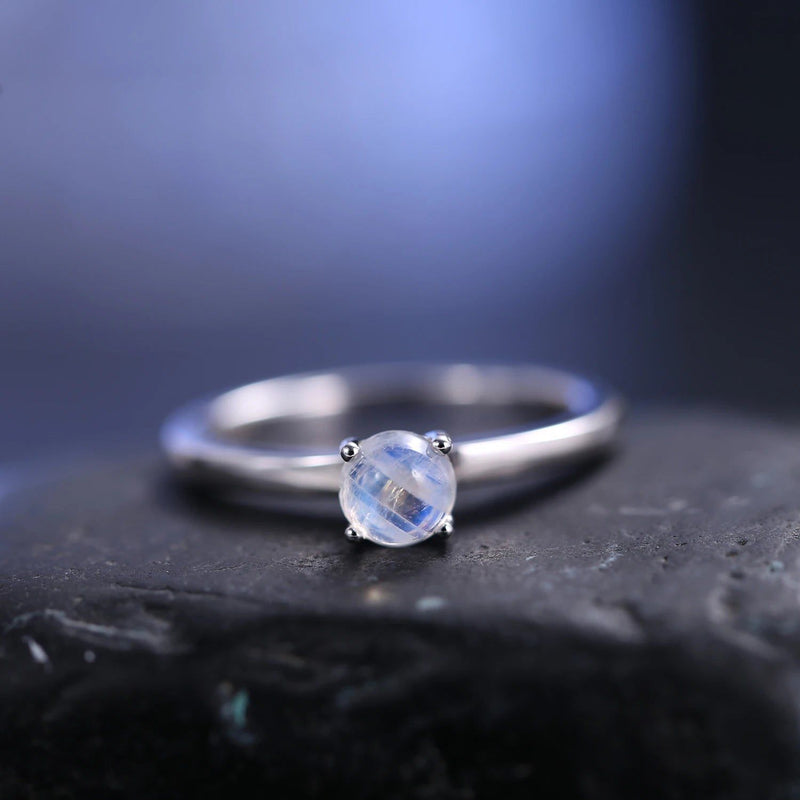 June Birthstone 5mm Natural Rainbow Moonstone Silver Ring