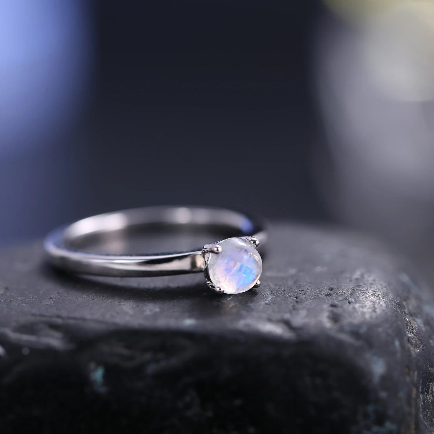 June Birthstone 5mm Natural Rainbow Moonstone Silver Ring