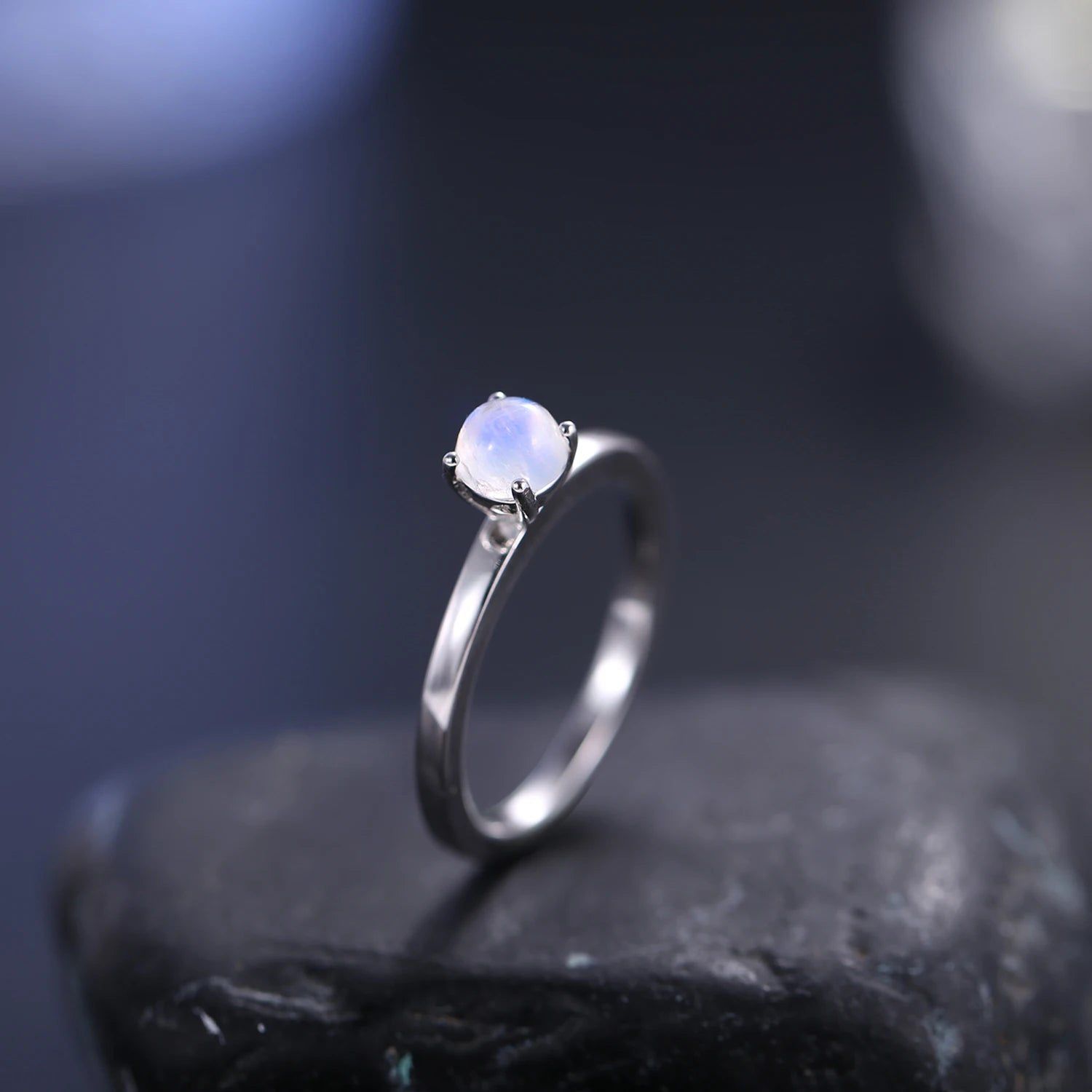 June Birthstone 5mm Natural Rainbow Moonstone Silver Ring