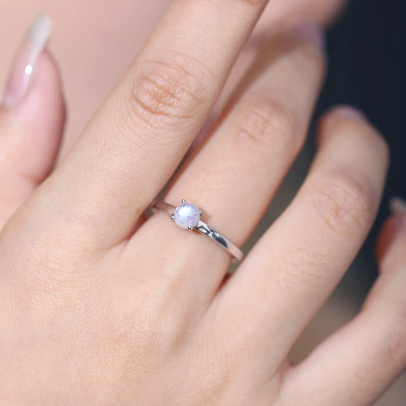 June Birthstone 5mm Natural Rainbow Moonstone Silver Ring