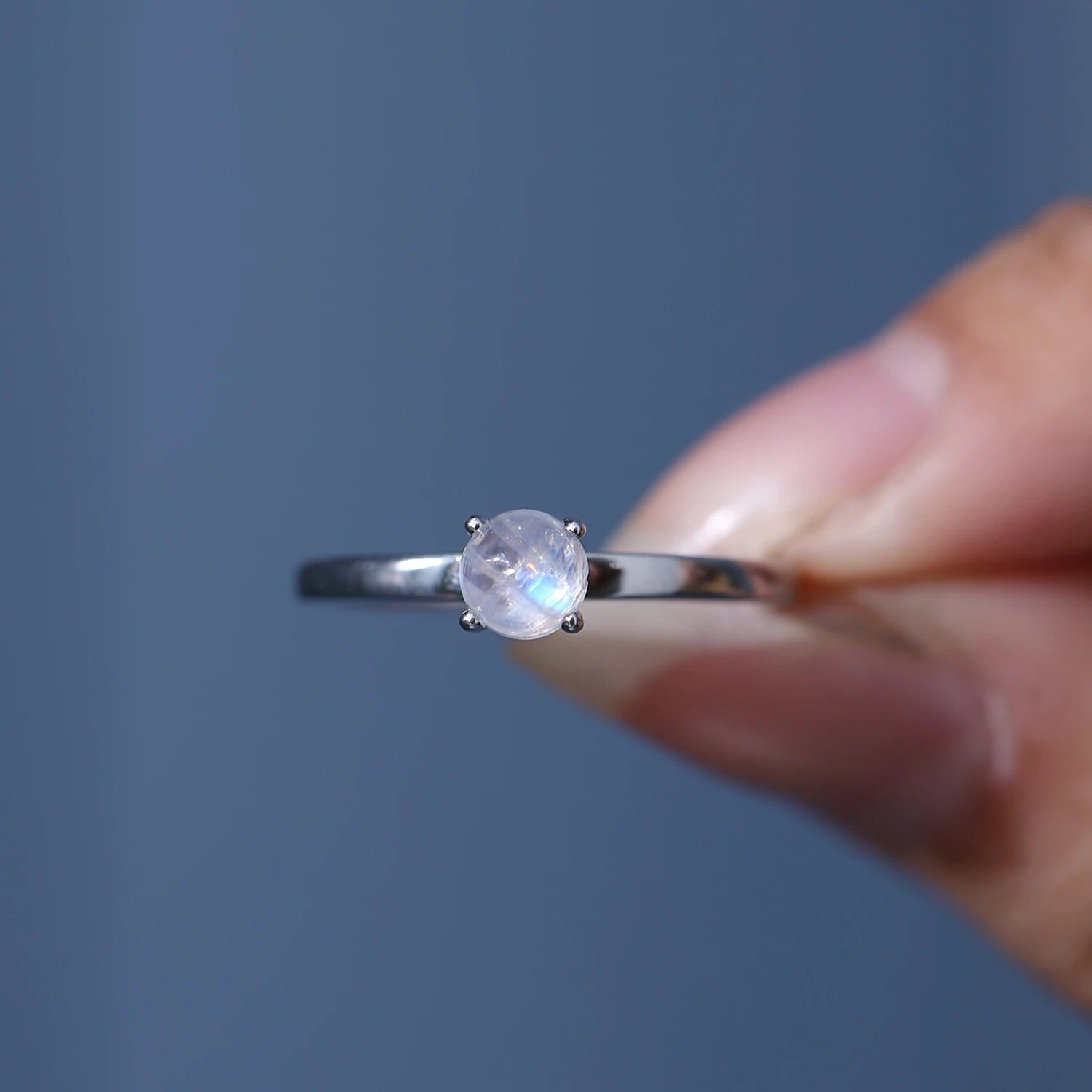 June Birthstone 5mm Natural Rainbow Moonstone Silver Ring