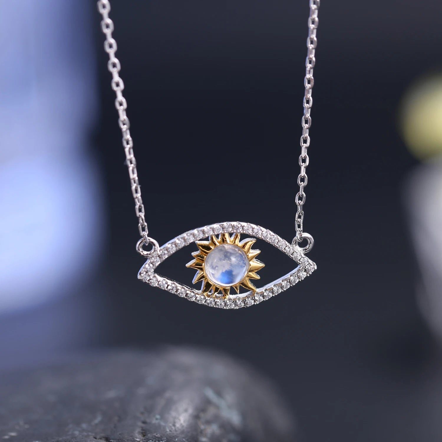 June Birthstone 925 Sterling Silver Hamsa Necklace Blue Moonstone