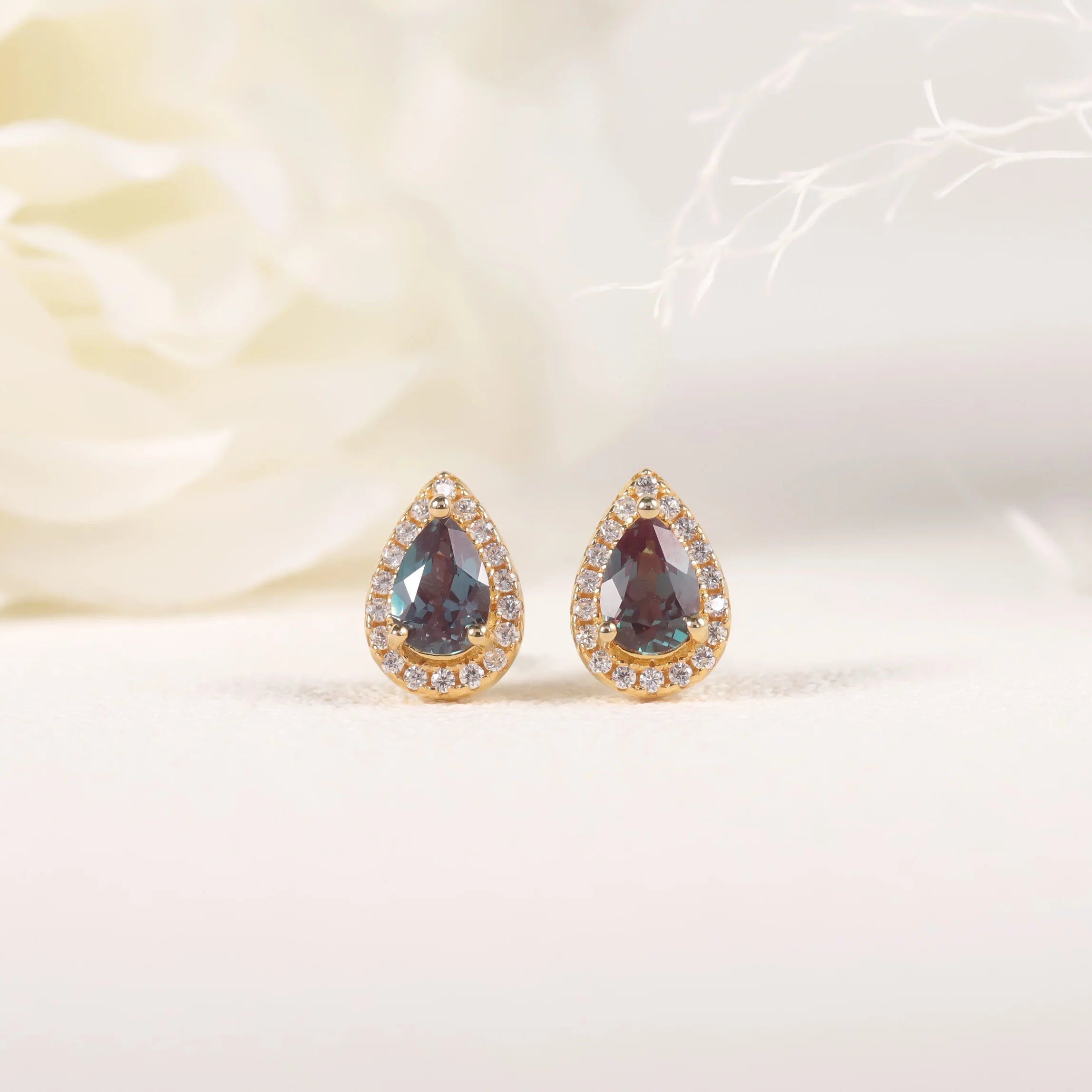 June Birthstone Earrings 4x6mm Lab Alexandrite Halo Stud