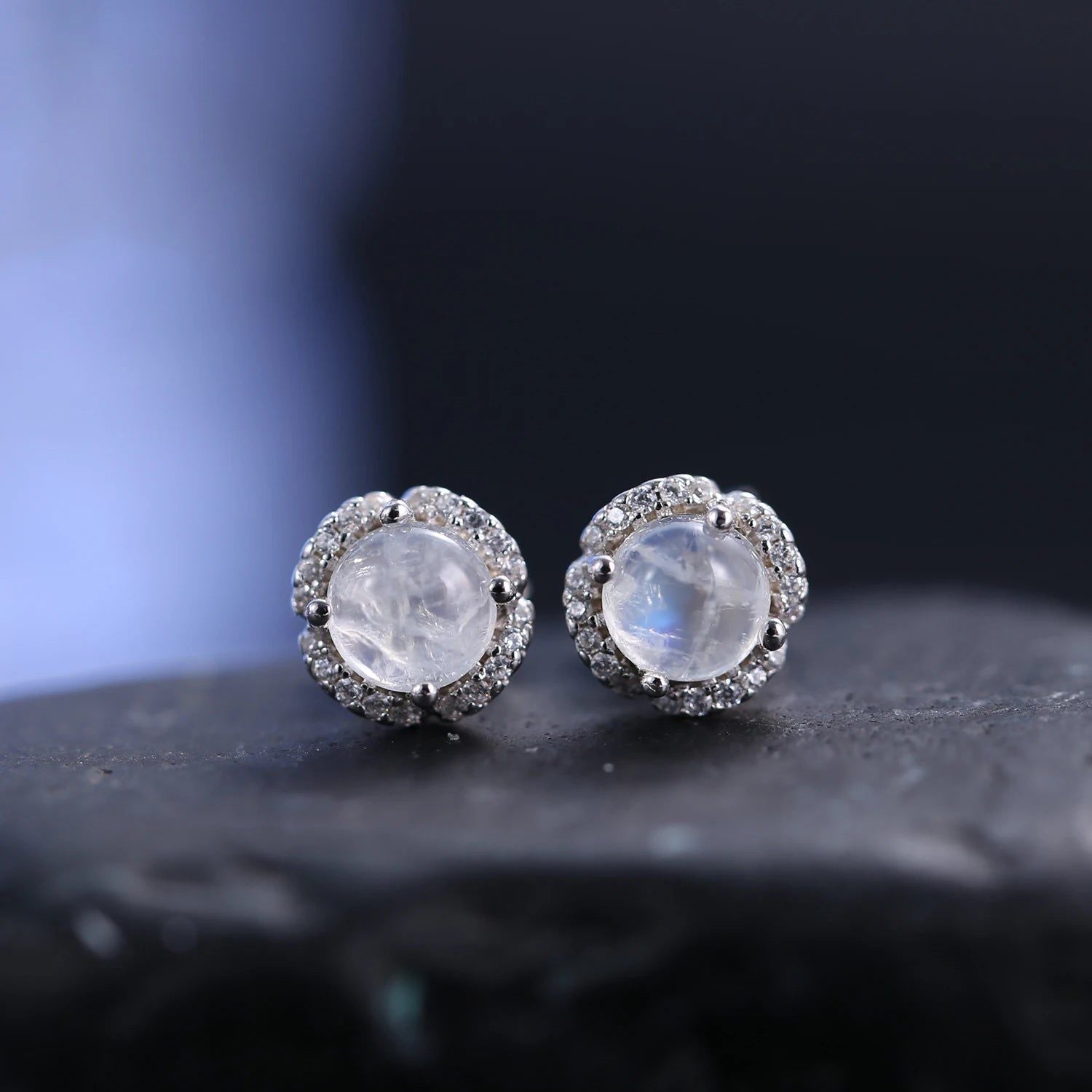 June Birthstone Milky Blue Moonstone Studs Earrings in 925 Sterling Silver