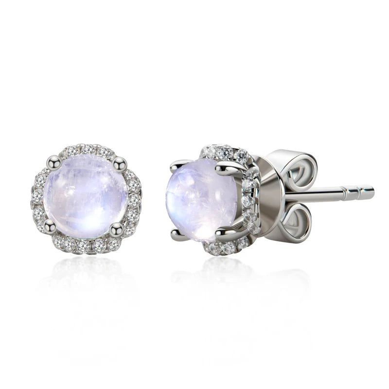 June Birthstone Milky Blue Moonstone Studs Earrings in 925 Sterling Silver