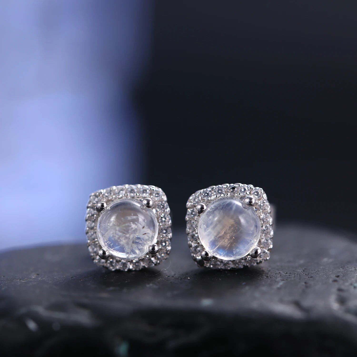 June Birthstone Milky Blue Moonstone Studs in Silver