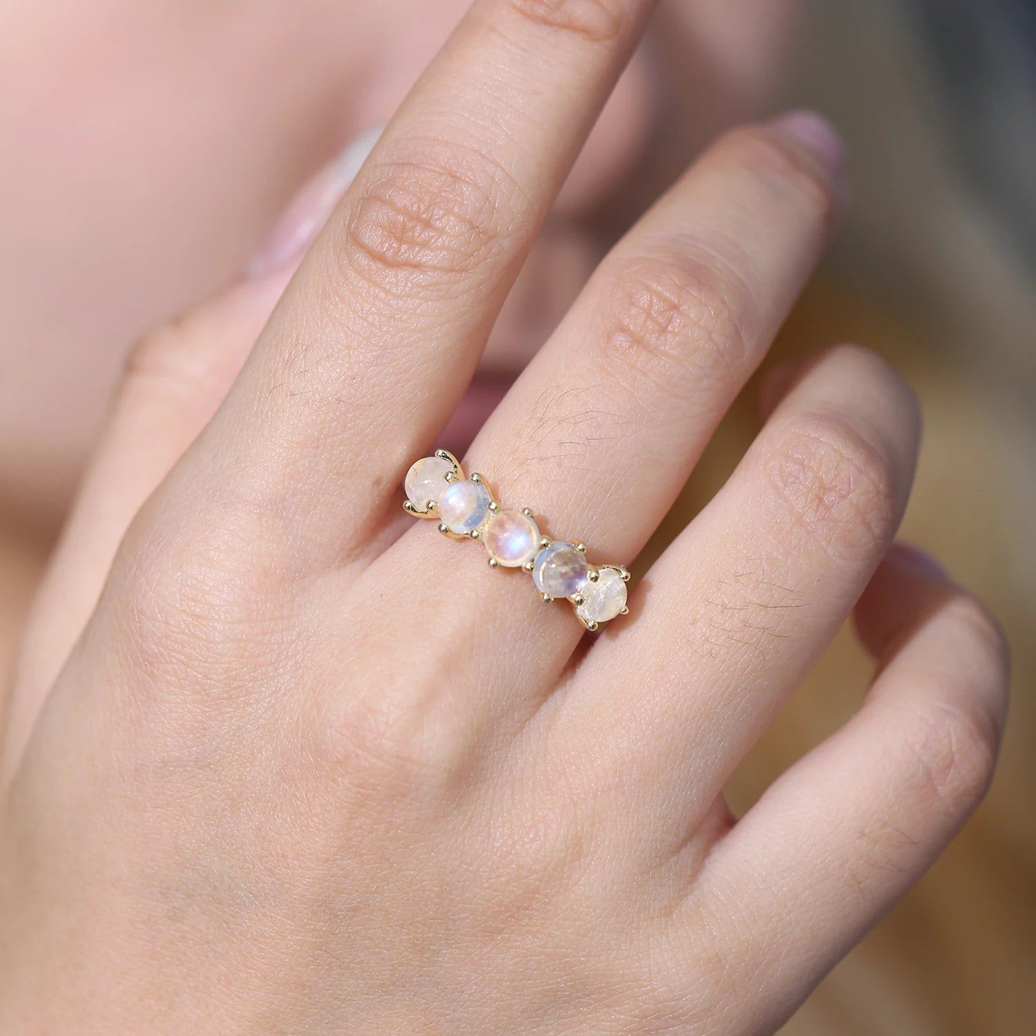 June Birthstone Natural Rainbow Moonstone Band Rings 925 Sterling Silver Helf Eternity Ring