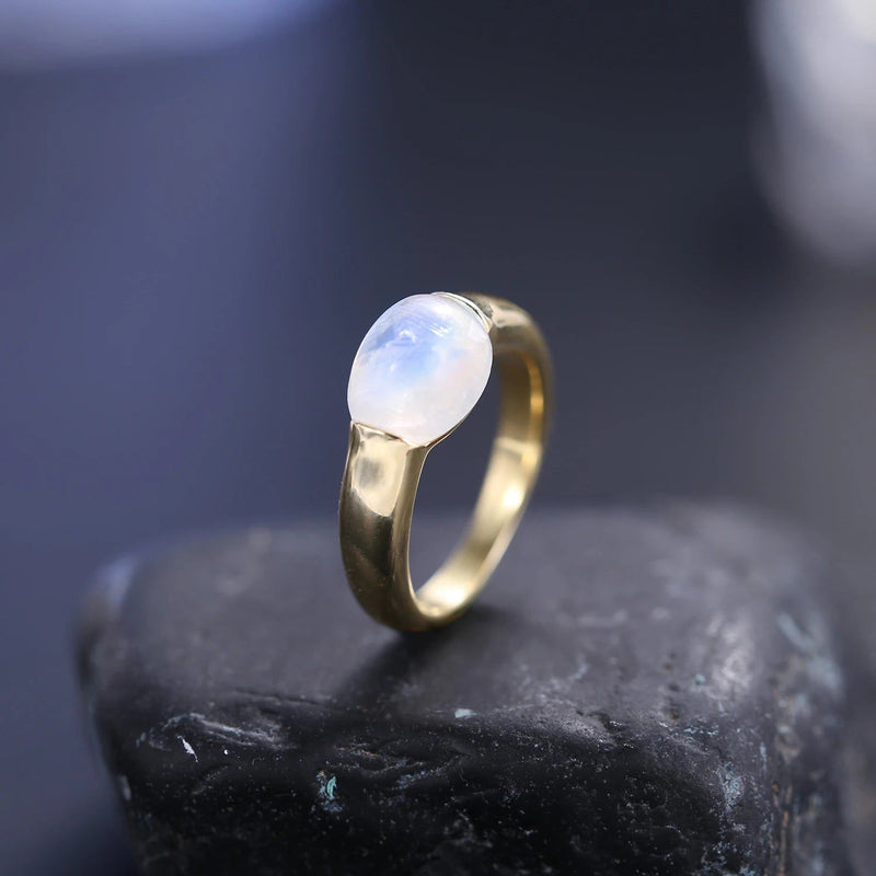 June Birthstone Natural Rainbow Moonstone Ring 925 Silver