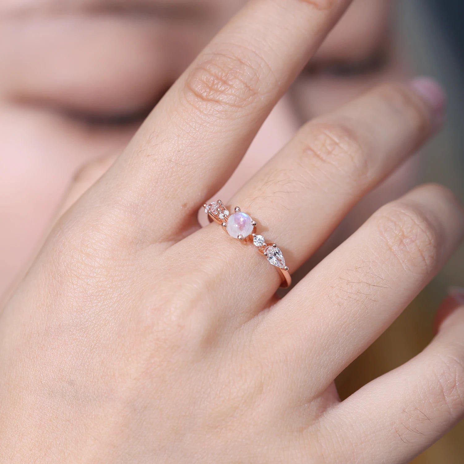 June Birthstone Natural Rainbow Moonstone Ring 925 Silver