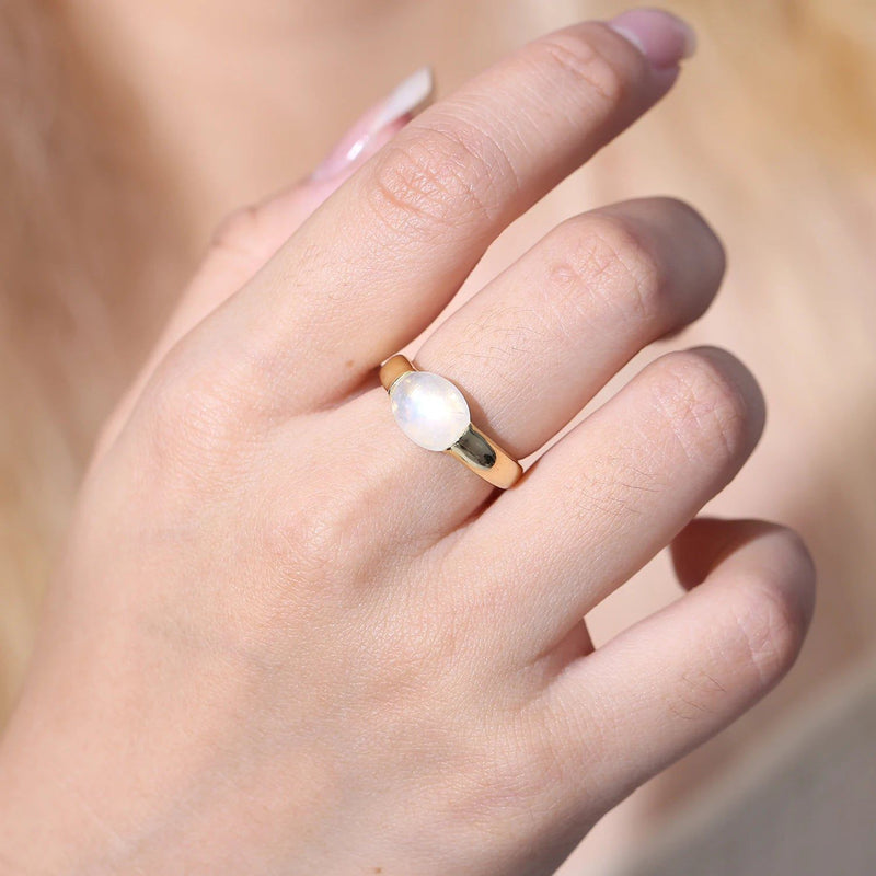 June Birthstone Natural Rainbow Moonstone Ring 925 Silver