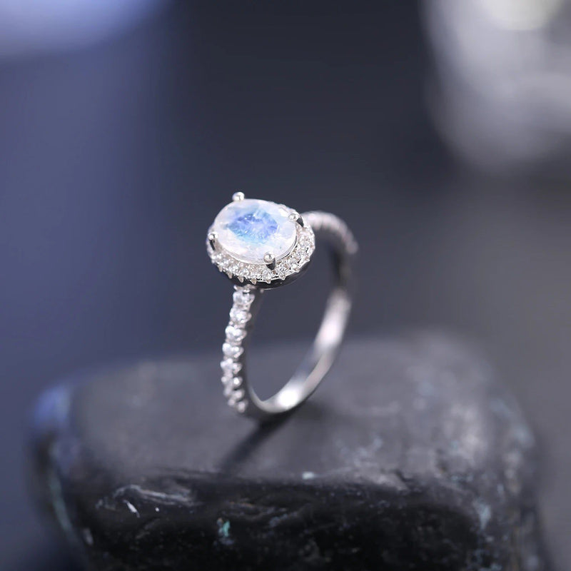 June Birthstone Oval Milky Blue Moonstone Halo Ring