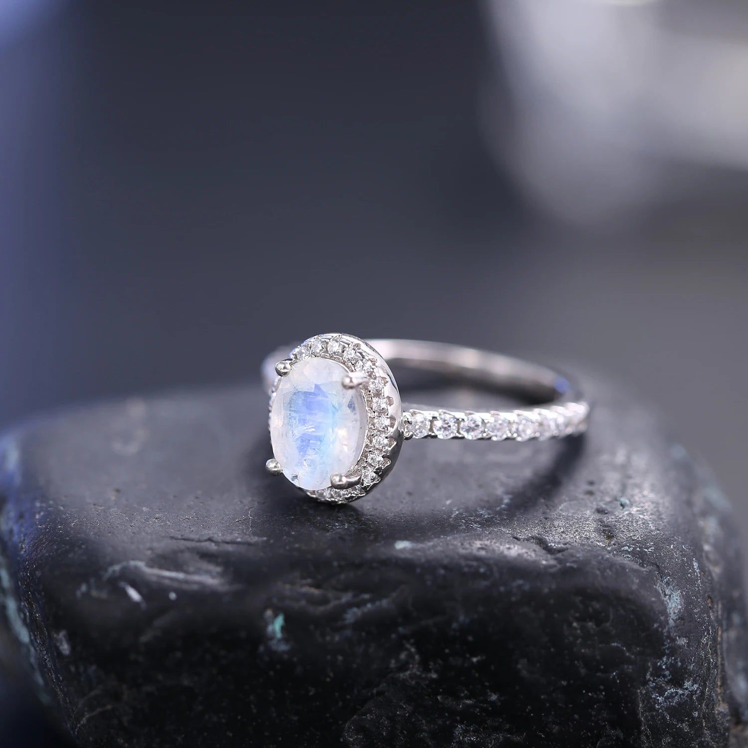 June Birthstone Oval Milky Blue Moonstone Halo Ring