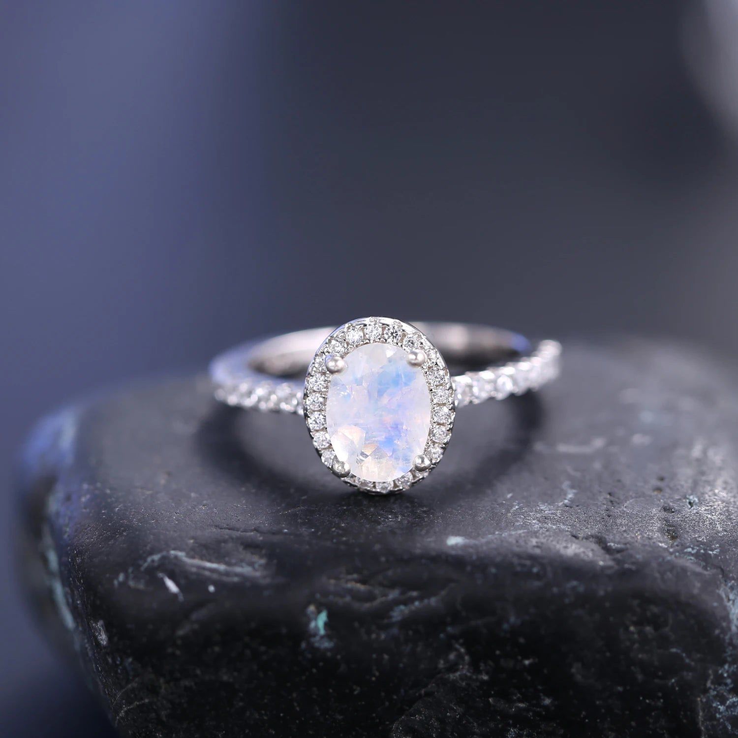 June Birthstone Oval Milky Blue Moonstone Halo Ring