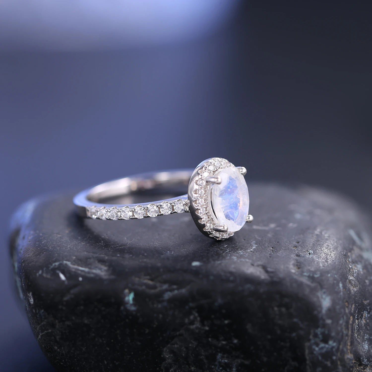 June Birthstone Oval Milky Blue Moonstone Halo Ring